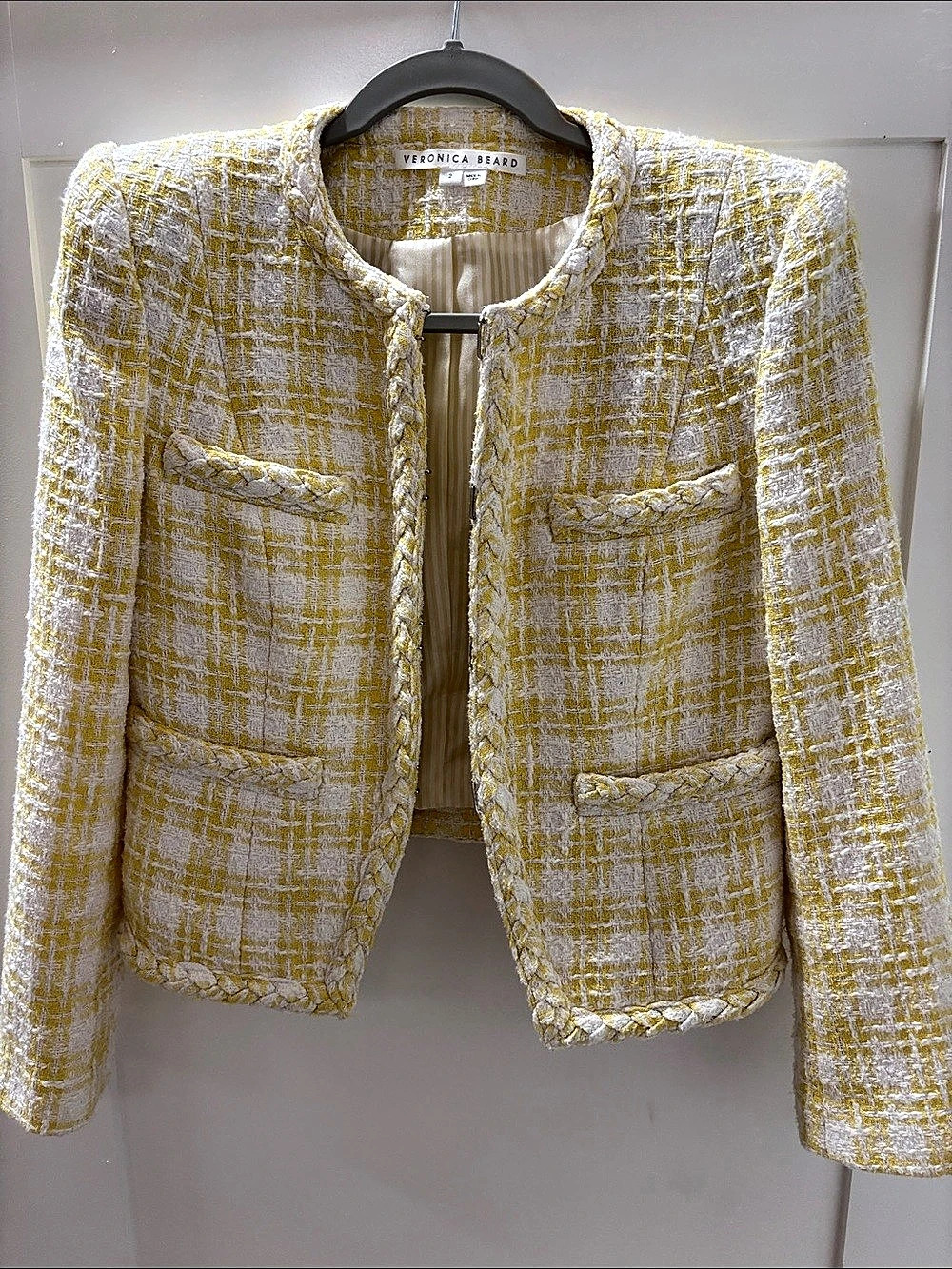 Veronica Beard Bryne Yellow White Plaid Tweed Braided Trim Crop Jacket